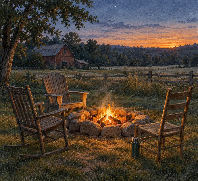Three empty chairs around a stone fire ring at dusk, with a barn and the first stars behind.