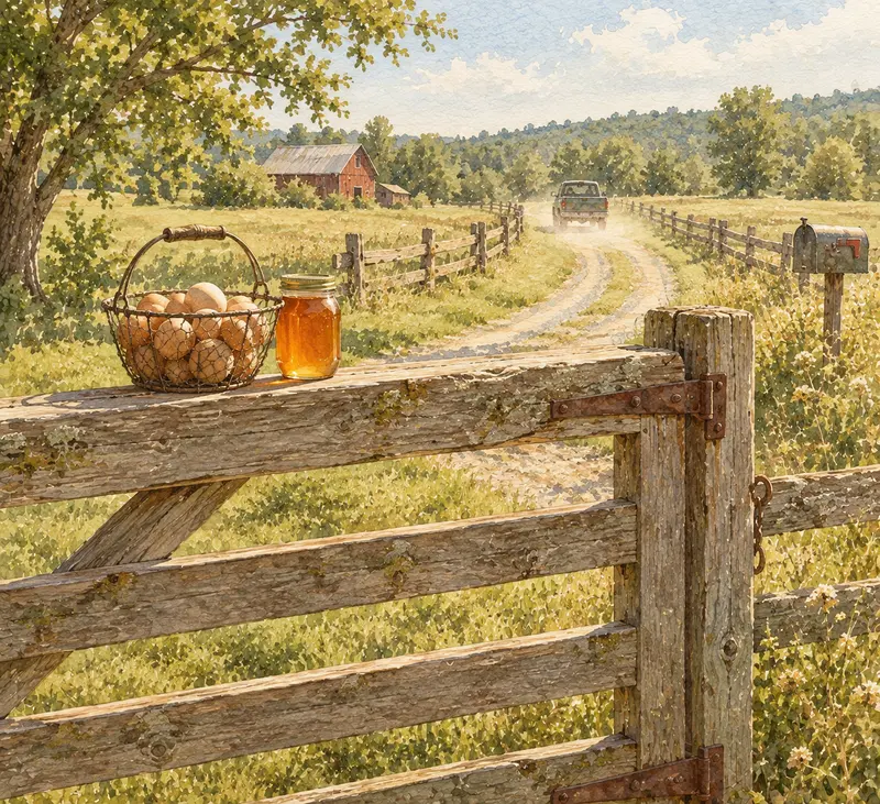 Eggs and a jar of honey left on a farm gate for a neighbor.