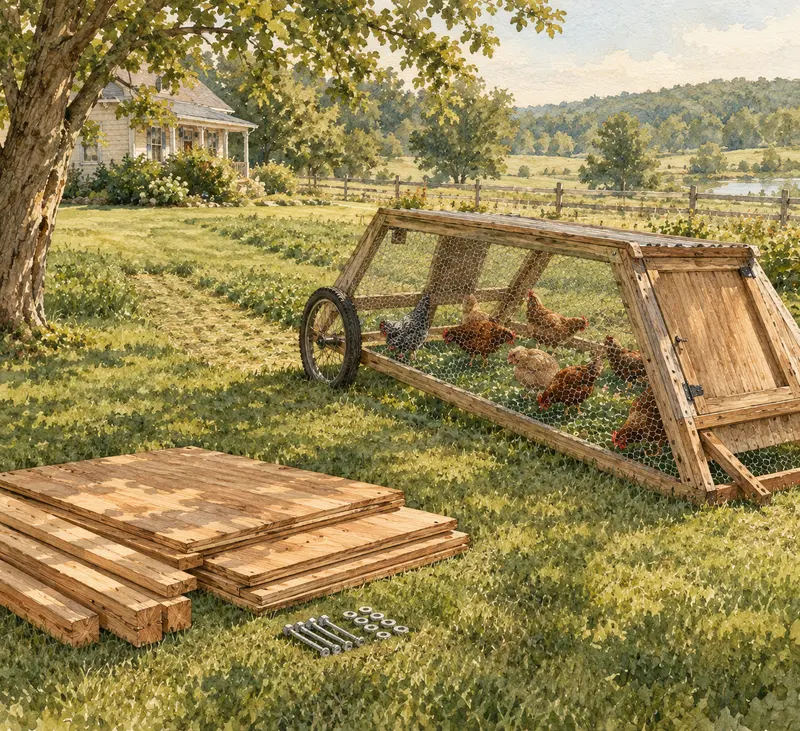 A wooden chicken tractor on fresh grass with hens inside, and cedar boards laid out for the next build.