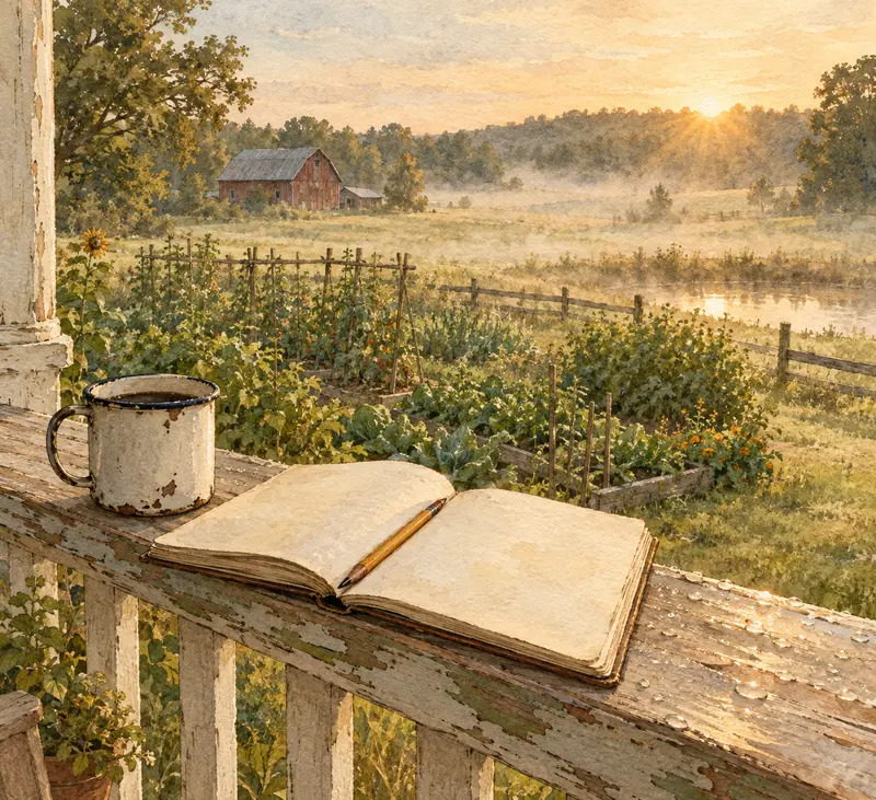 A coffee mug and an open notebook on a porch rail, with mist lifting off the garden at sunrise.