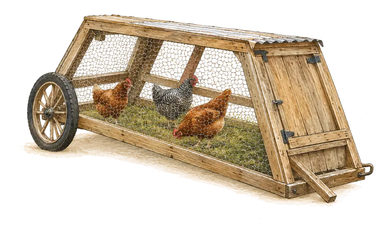 A wooden chicken tractor on two wheels with hens inside.