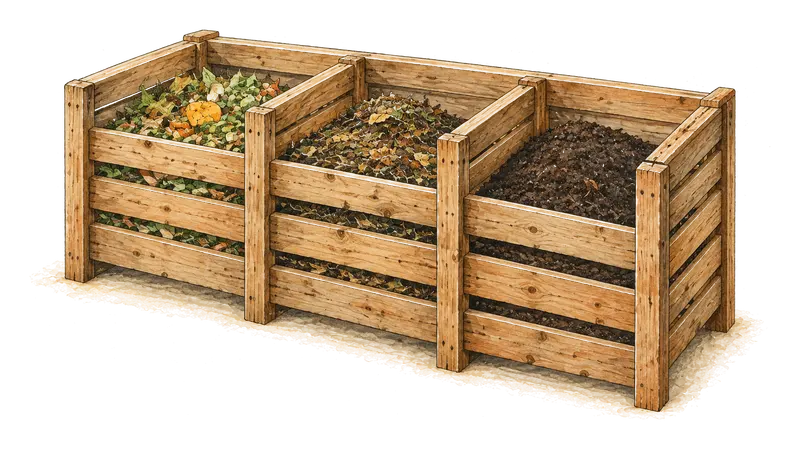 A three-bay cedar compost bin.